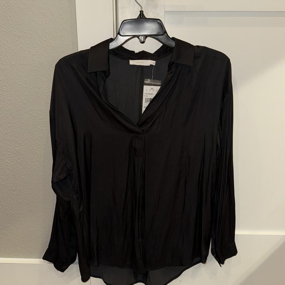 NWT Lush Satin Henley Shirt Blouse Black Size S - Picture 2 of 6